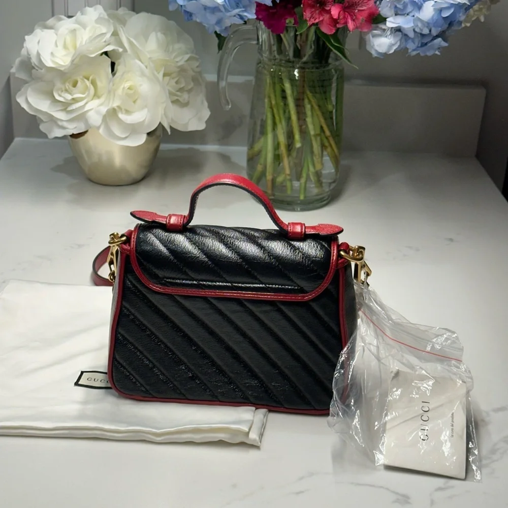 Gucci Marmont Black Quilted Leather Top Handle Satchel Shoulder Bag Red Trim